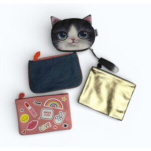 Set Of 4 Zipper Pouches Ipsy Cat Denim Pink Metallic For Cosmetics & Accessories